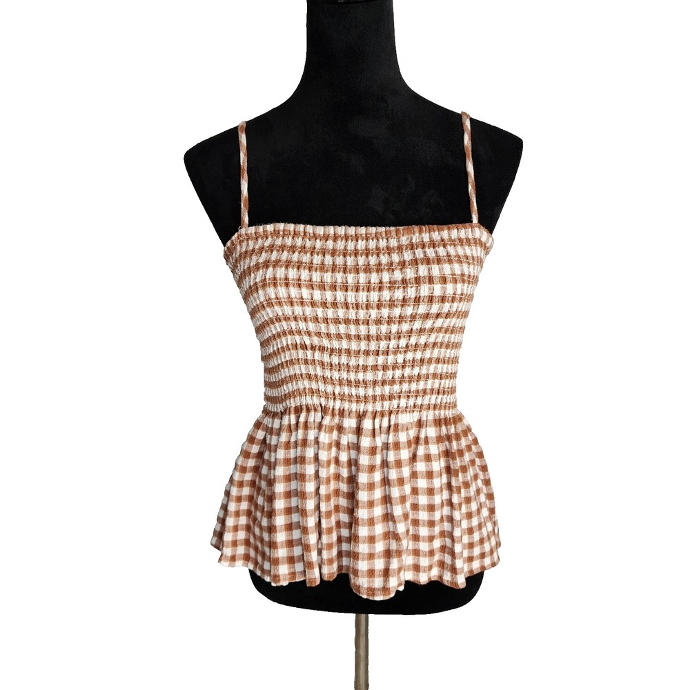 THREAD & SUPPLY Size Large Brown Gingham Check Smocked Peplum Picnic Tank Top